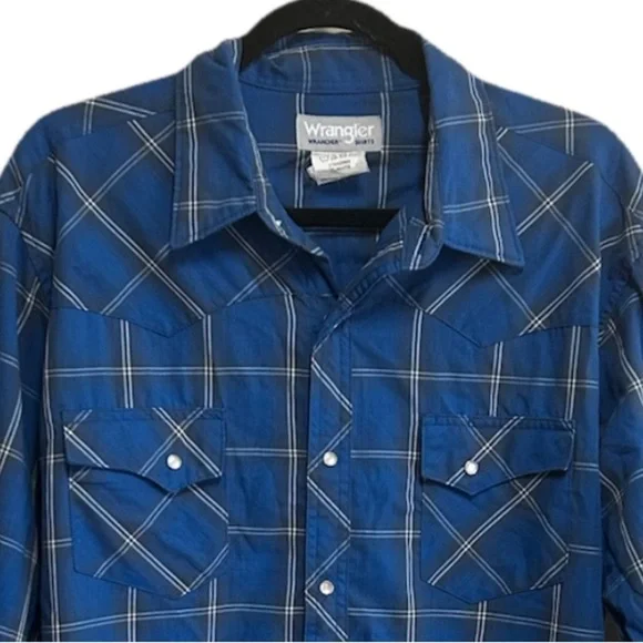 Wrangler Wrancher Shirt SizeXL Blue Plaid Western Pearl Snap Button Brushpopper - Picture 2 of 7